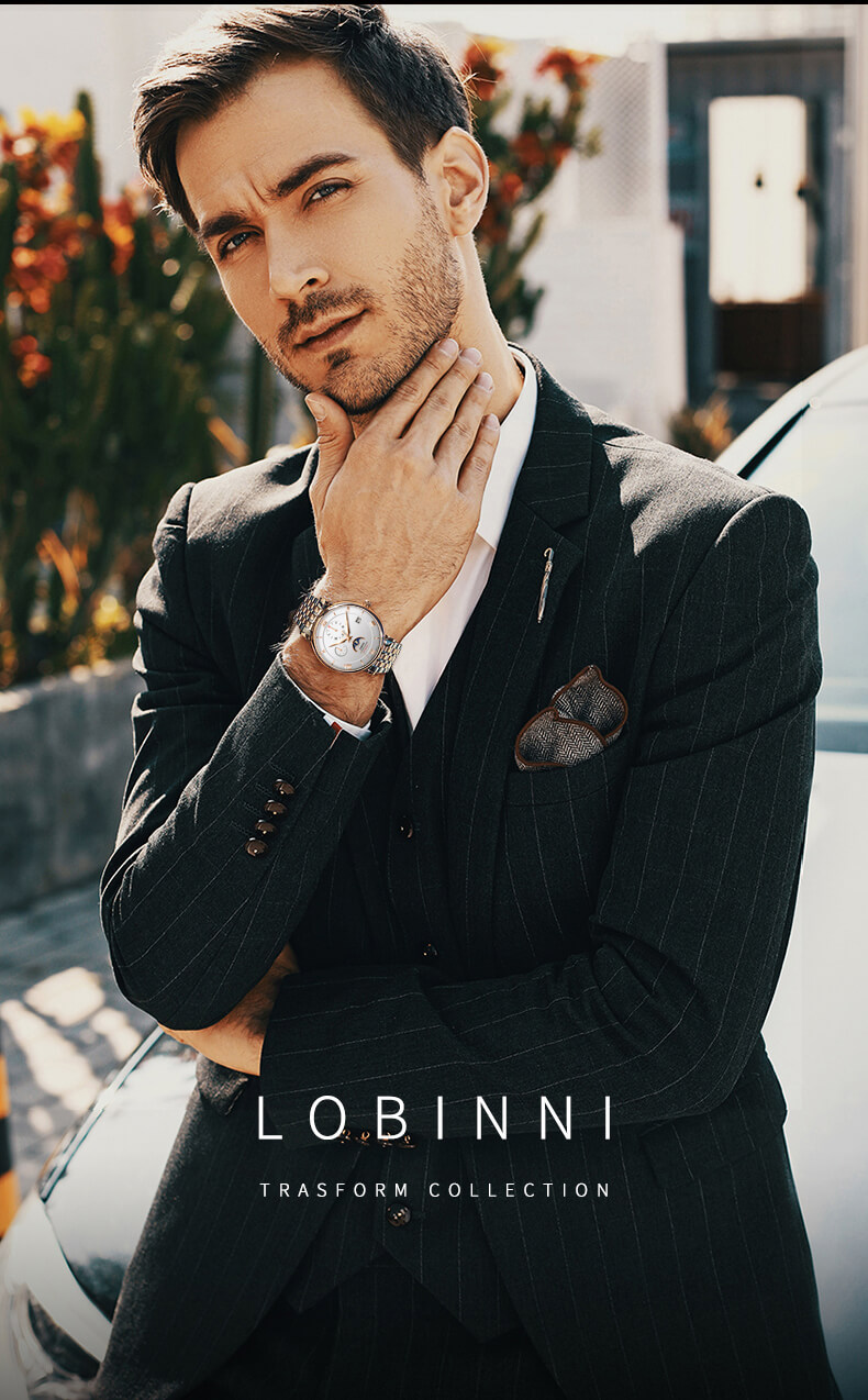 Đồng hồ nam chính hãng LOBINNI L6020-3 Fullbox, Kính sapphire ,chống xước,chống nước,dây kim loại thép không gỉ 316L, máy cơ , Mới 100%,Bảo hành 24 tháng