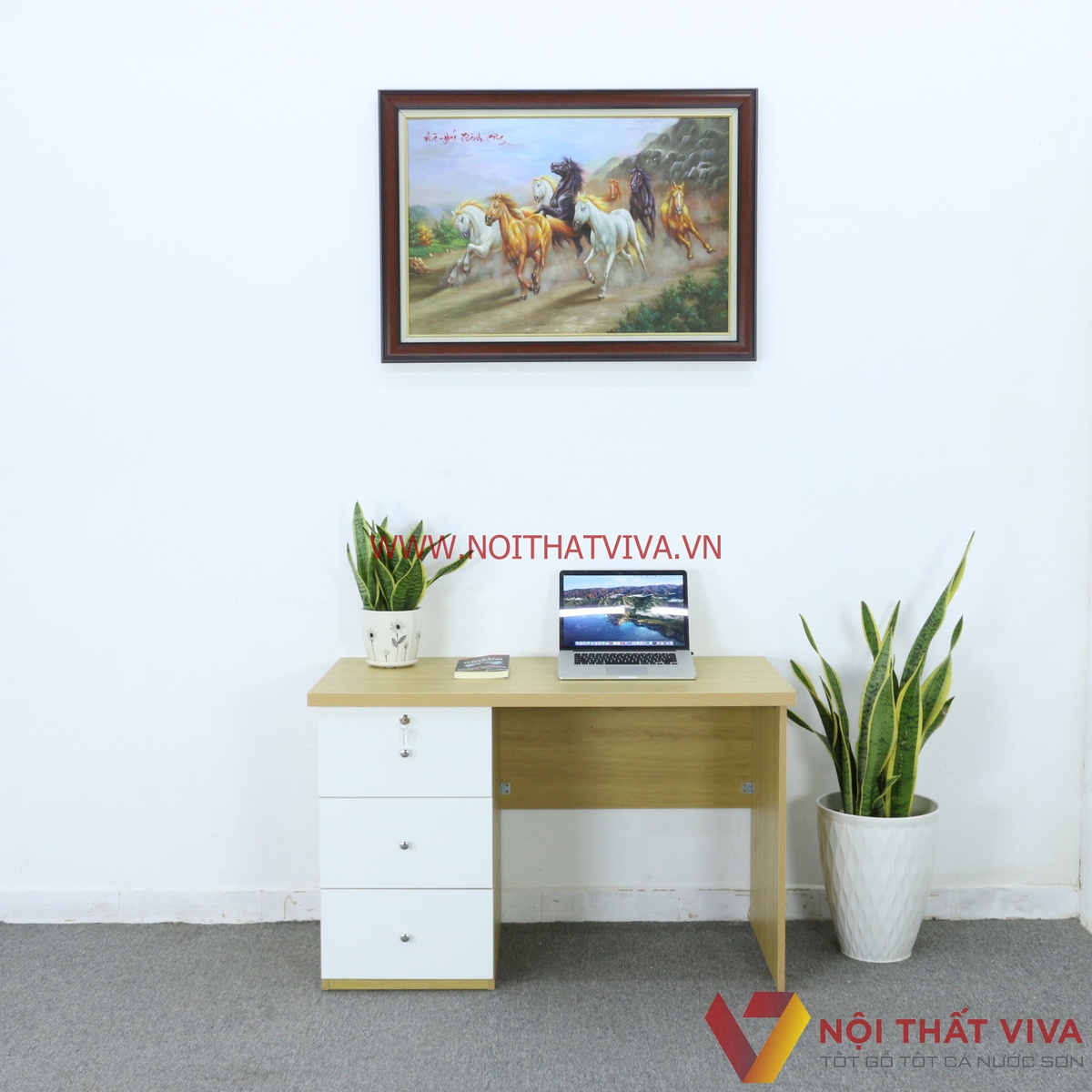 Bàn Làm Việc Gỗ MDF Melamine Màu Vàng Phối Hộc Kéo Trắng Đẹp Giá Rẻ