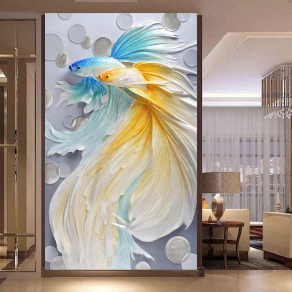Tranh dán tường 3d đôi cá vàng có sẵn keo SN41
