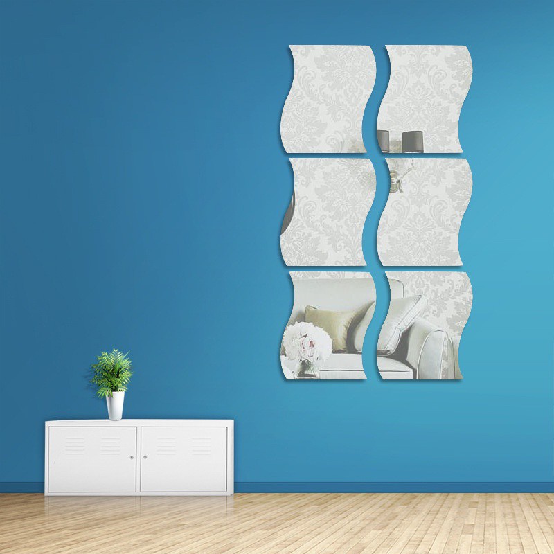 Bộ 6 miếng ghép gương dán tường hình lượn sóng thiết kế sang trọng, trang trí