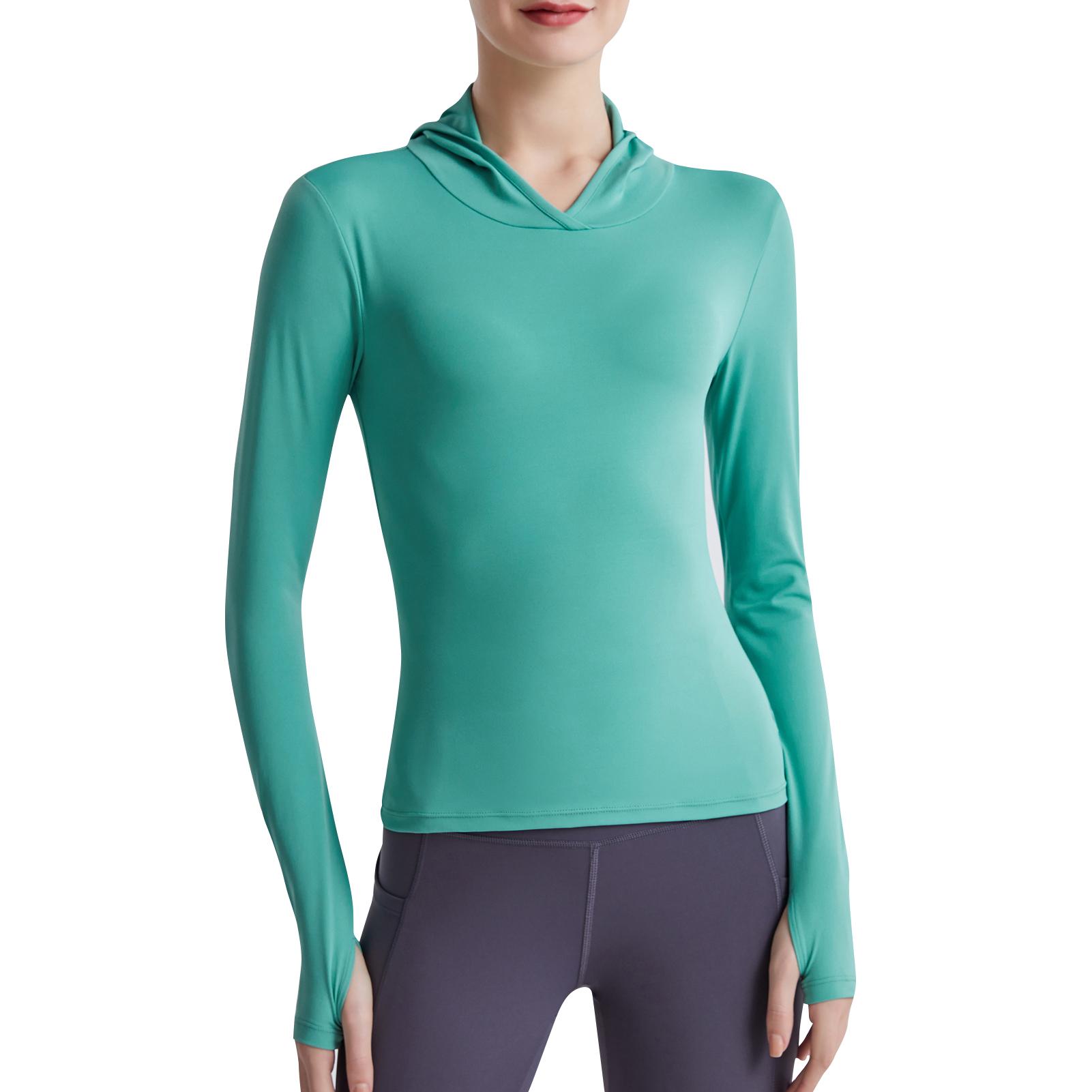 Áo tập thể thao dáng hoodie cho nữ với tay dài, xỏ ngón cái nhanh khô mỏng nhẹ có mũ trùm đầu