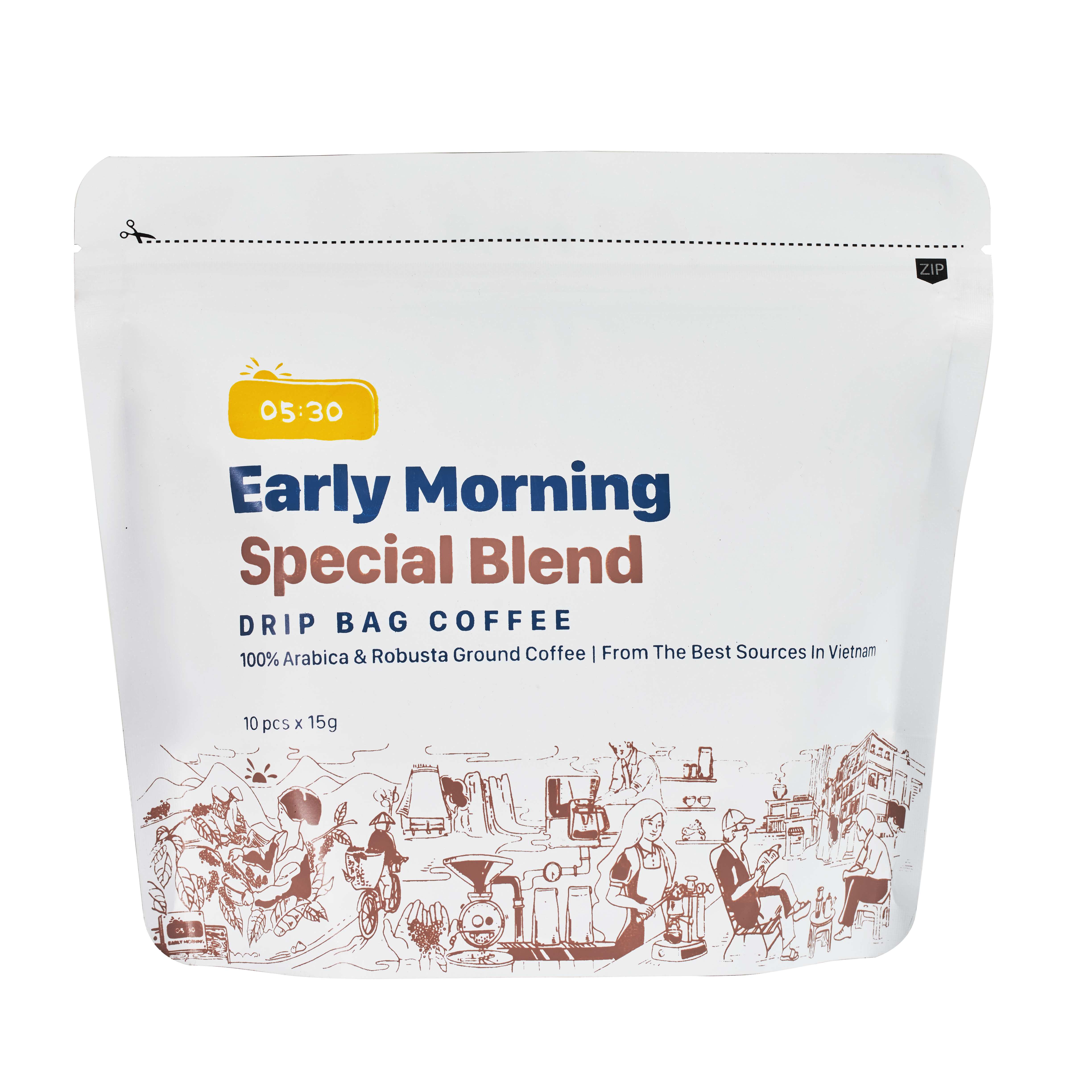 Cà Phê Phin Giấy Túi Lọc Cao Cấp Early Morning - Special Blend Dripbag (Túi zip 10 Gói x 15G)