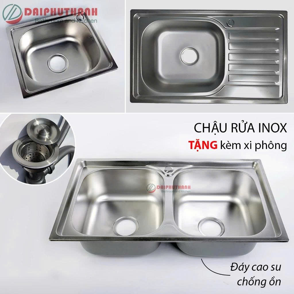 Chậu Rửa Chén Bát Inox Dập Nhiều Kích Thước - Nhiều mẫu 1 hộc, 1 hộc có bàn, 2 hộc, tặng kèm xi phông thoát nước