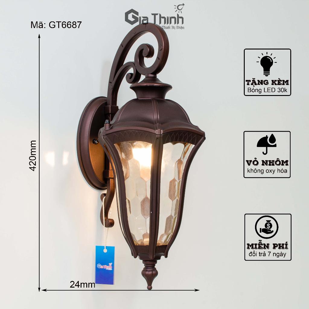 Đèn cột hiên ngoài trời GT6687, vỏ nhôm nhôm chao kính chống nước,  chống côn trùng, kích thước 42cm x 24cm