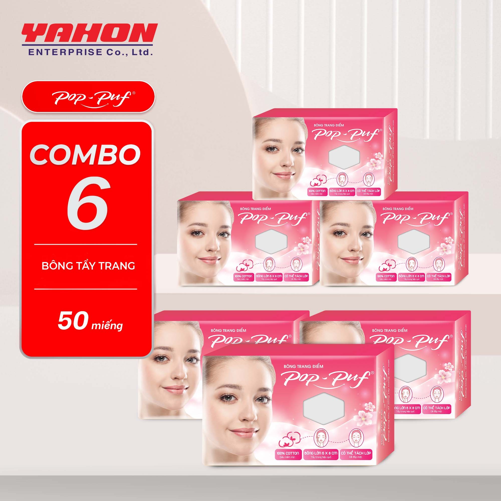 COMBO 6 HỘP BÔNG TẨY TRANG POP-PUF 6*8CM 50 MIẾNG