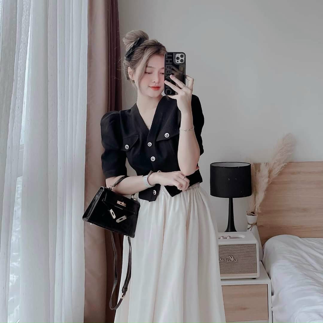 SÉT ÁO VEST CÀI NÚT CHÂN VÁY VOAN XÒE DÁNG DÀI SIÊU XINH XẮN