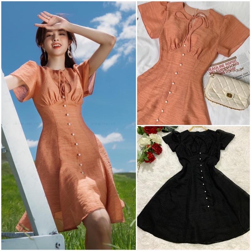️Váy thiết kế️Đầm xoè tơ xước tay cánh tiên phối cúc 2 màu
