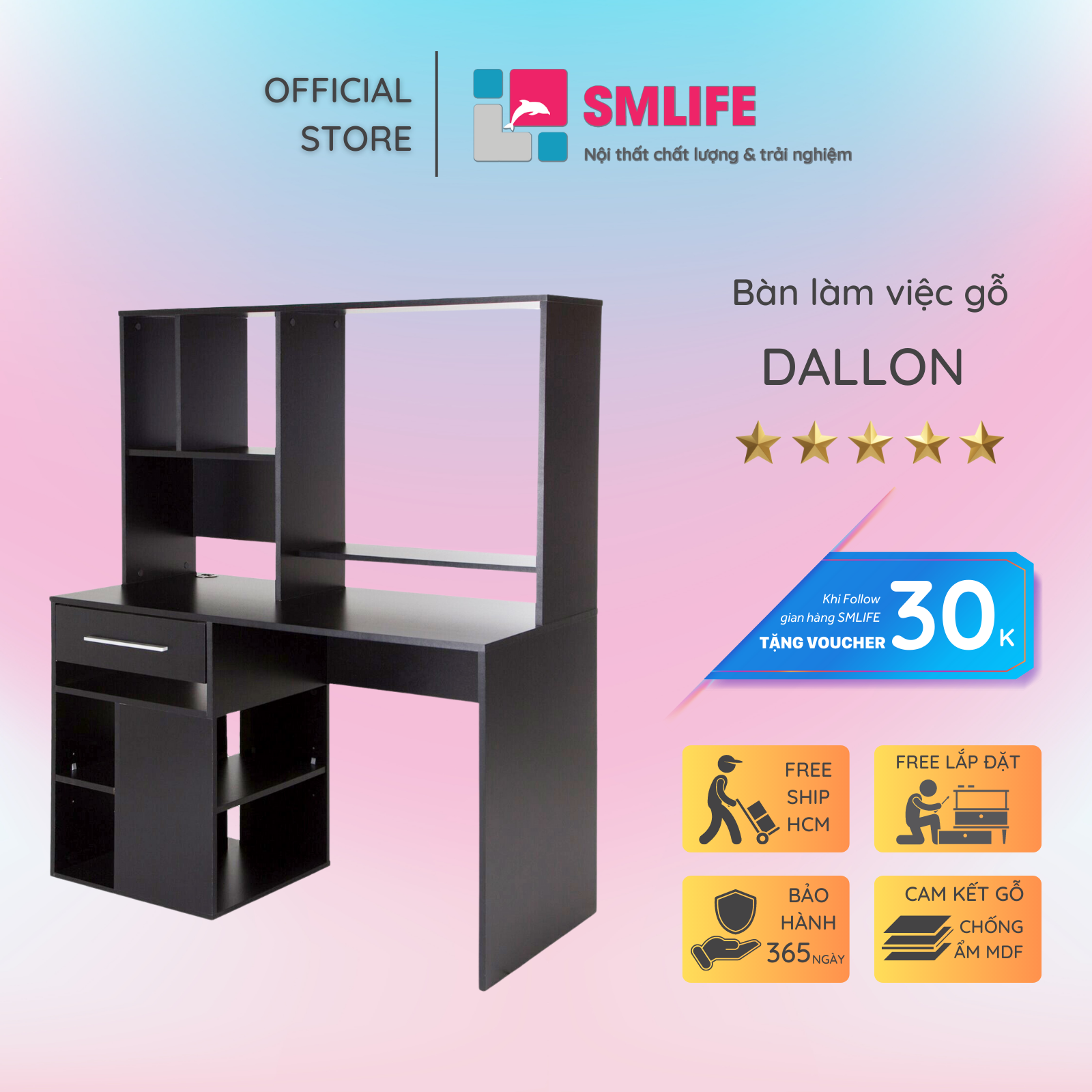 Bàn làm việc, bàn học gỗ hiện đại SMLIFE Dallon  | Gỗ MDF dày 17mm chống ẩm | D120xR60xC150cm