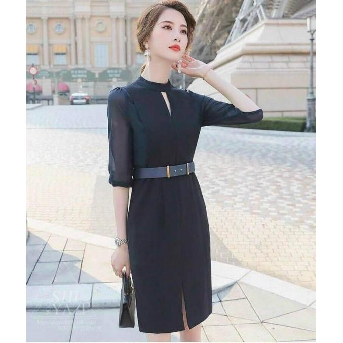 ĐẦM XANH TAY LƯỚI KÈM DÂY THẮT