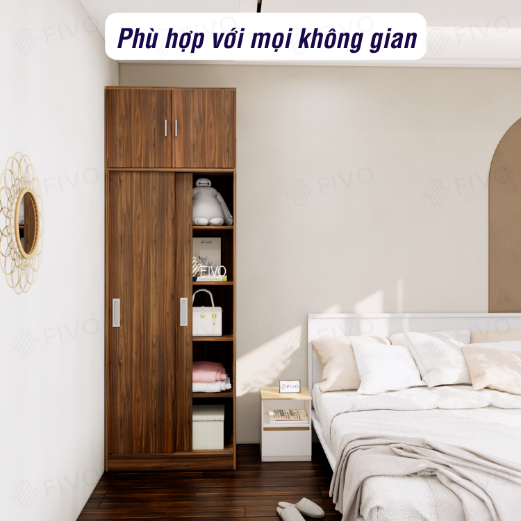 Tủ Áo Quần Cửa Lùa Sang Trọng Gỗ MDF Lõi Xanh Chống Ẩm FC31 FIVO Màu Walnut Ấm Cúng Cho Phòng Ngủ, Thiết Kế Rộng Rãi.