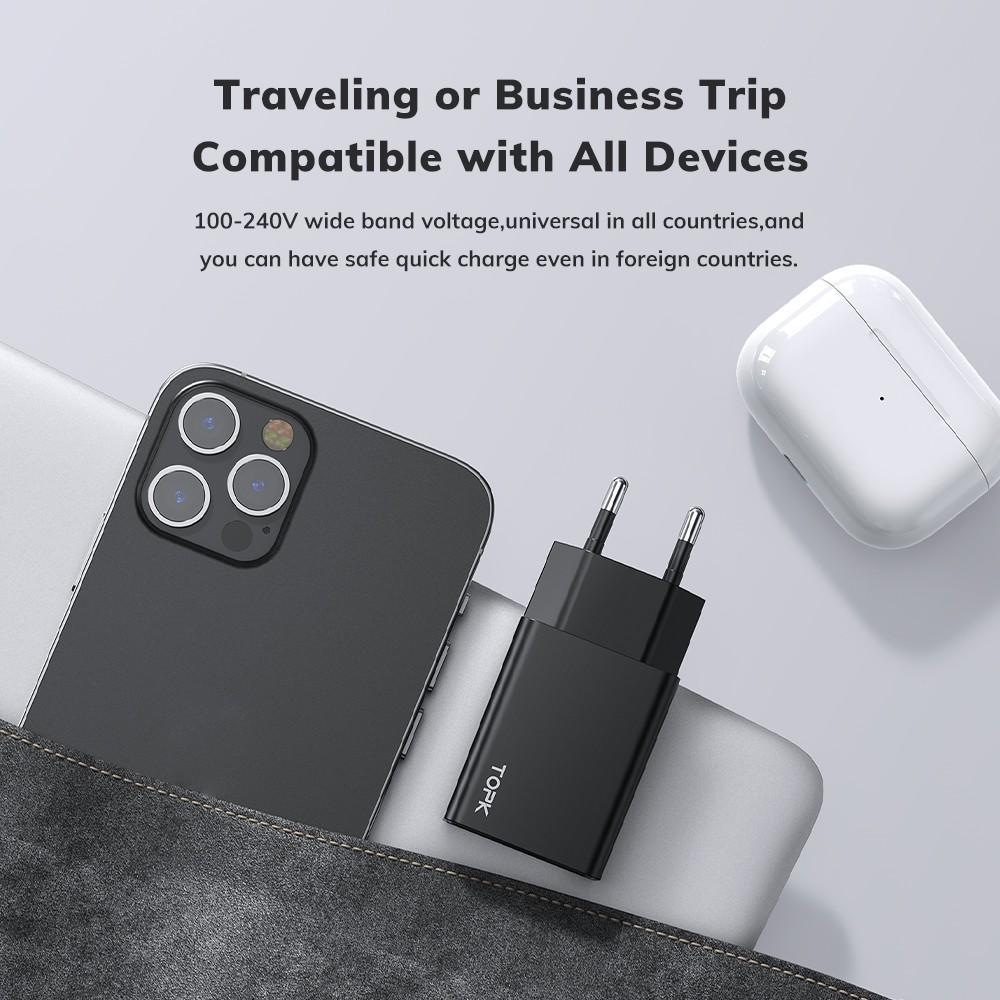 Đầu sạc TOPK với 1 cổng USB B25 10W QC2.0 giắc cắm EU có dây cáp cho điện thoại