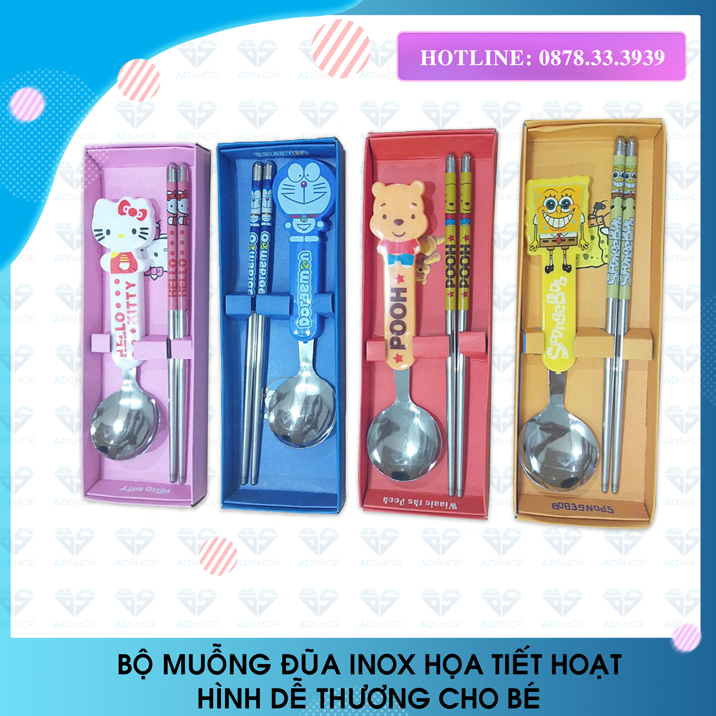 (HÀNG ĐẸP) BỘ MUỖNG ĐŨA INOX CHO EM BÉ, THÌA ĐŨA HOẠT HÌNH CHO TRẺ EM DỂ THƯƠNG