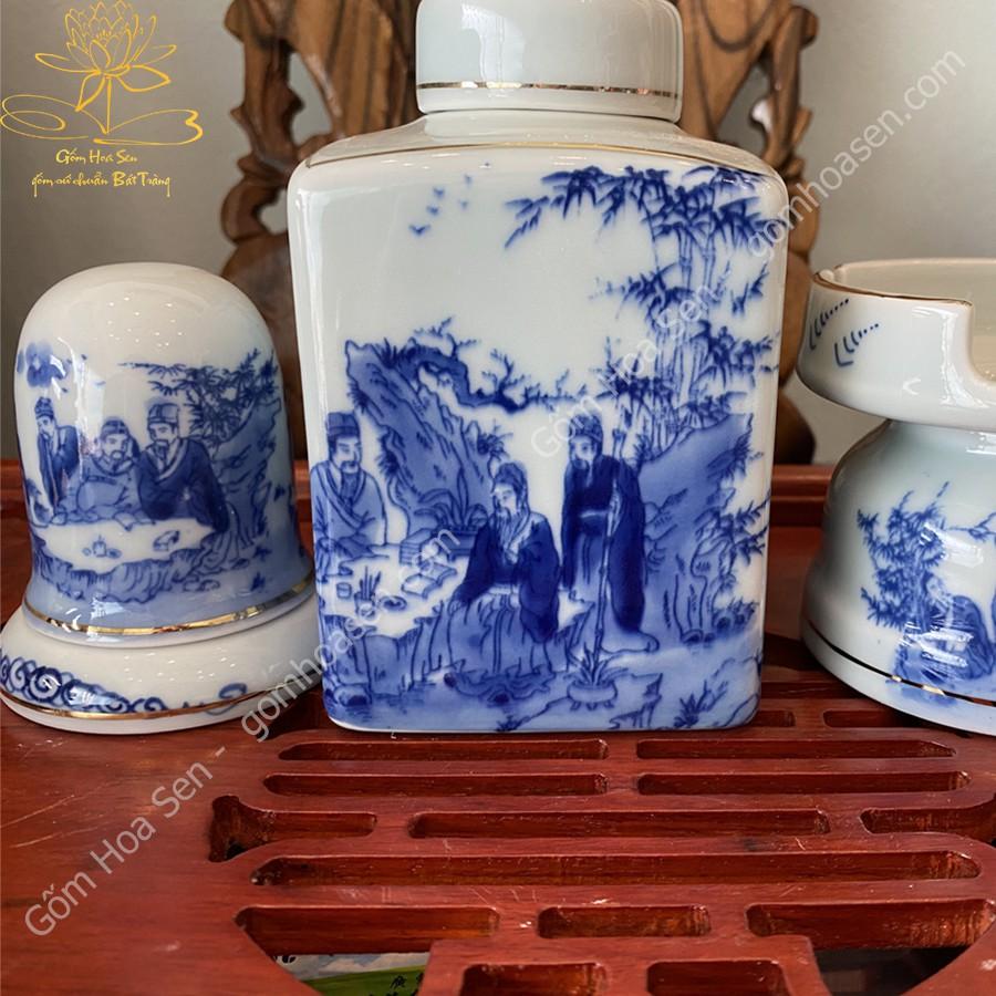 Phụ kiện lọ trà , gạt tàn , ống tăm sứ Bát Tràng cảnh trúc lâm thất hiền viền vàng 24k