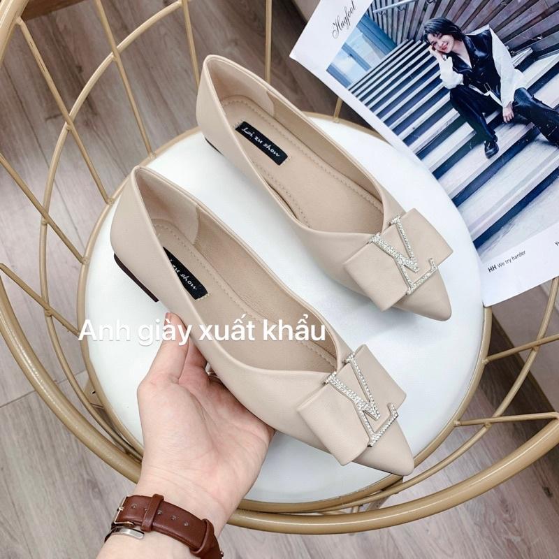 GB07 - Giày búp bê, giày bệt da lì mũi nhọn nơ ngang chữ đá đế mềm dẻo