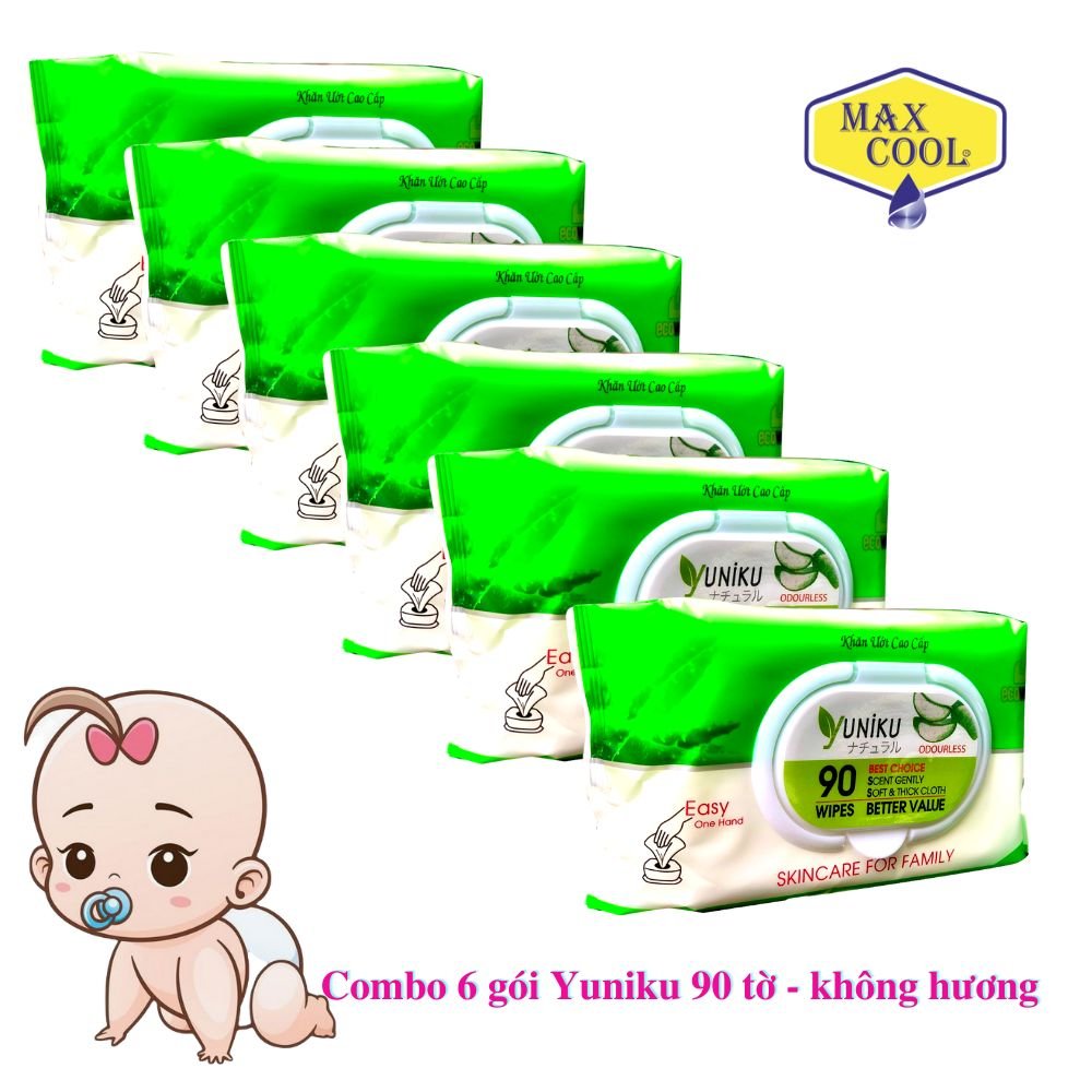 Combo 6 Gói Khăn Ướt Yuniku 90 Tờ Không Hương