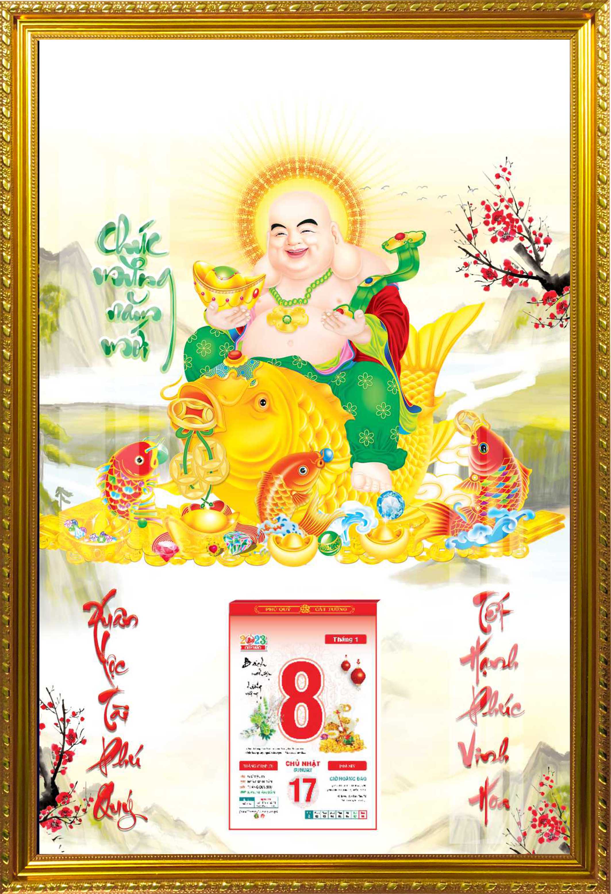 Lịch 2024 Gỗ Phù Điêu Khung Nhựa Xi Vàng, Mặt Tranh Tráng Gương Cao Cấp - Chủ đề Phúc Lộc Thọ, Tam Đa, Ông Thần Tài