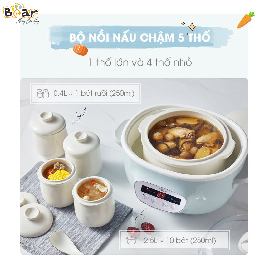 Nồi nấu chậm Bear 2.5L có lồng hấp (5 thố sứ)- Có lồng hấp (Hàng chính hãng)