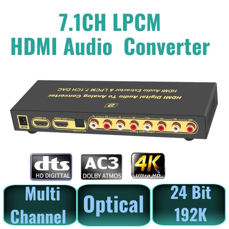 Trích xuất âm thanh tương thích 4K HDMI 7.1Ch LPCM Multi Channel DAC Rac Digital sang Analog Convert cho bộ khuếch đại/loa/TV thông minh