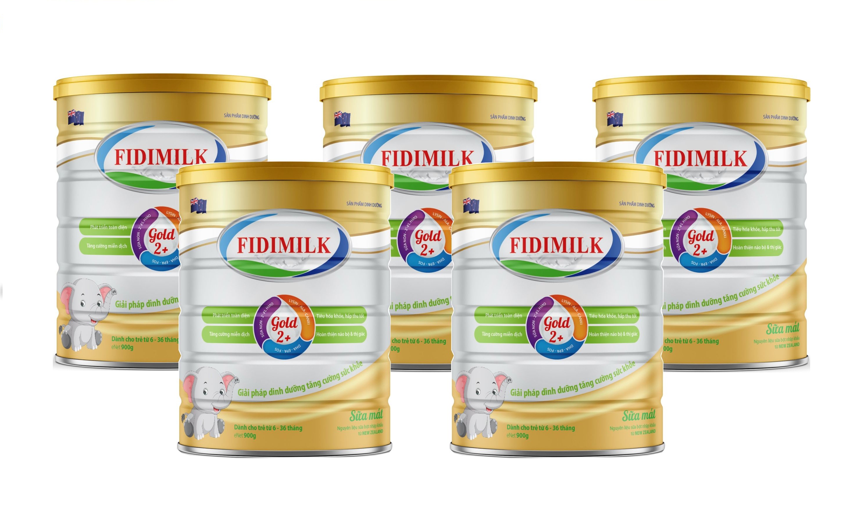 Combo 5 lon Sữa công thức FIDIMILK GOLD 2+ lon 900g - Dinh dưỡng phát triển toàn diện, Dành cho bé 6-36 tháng tuổi.