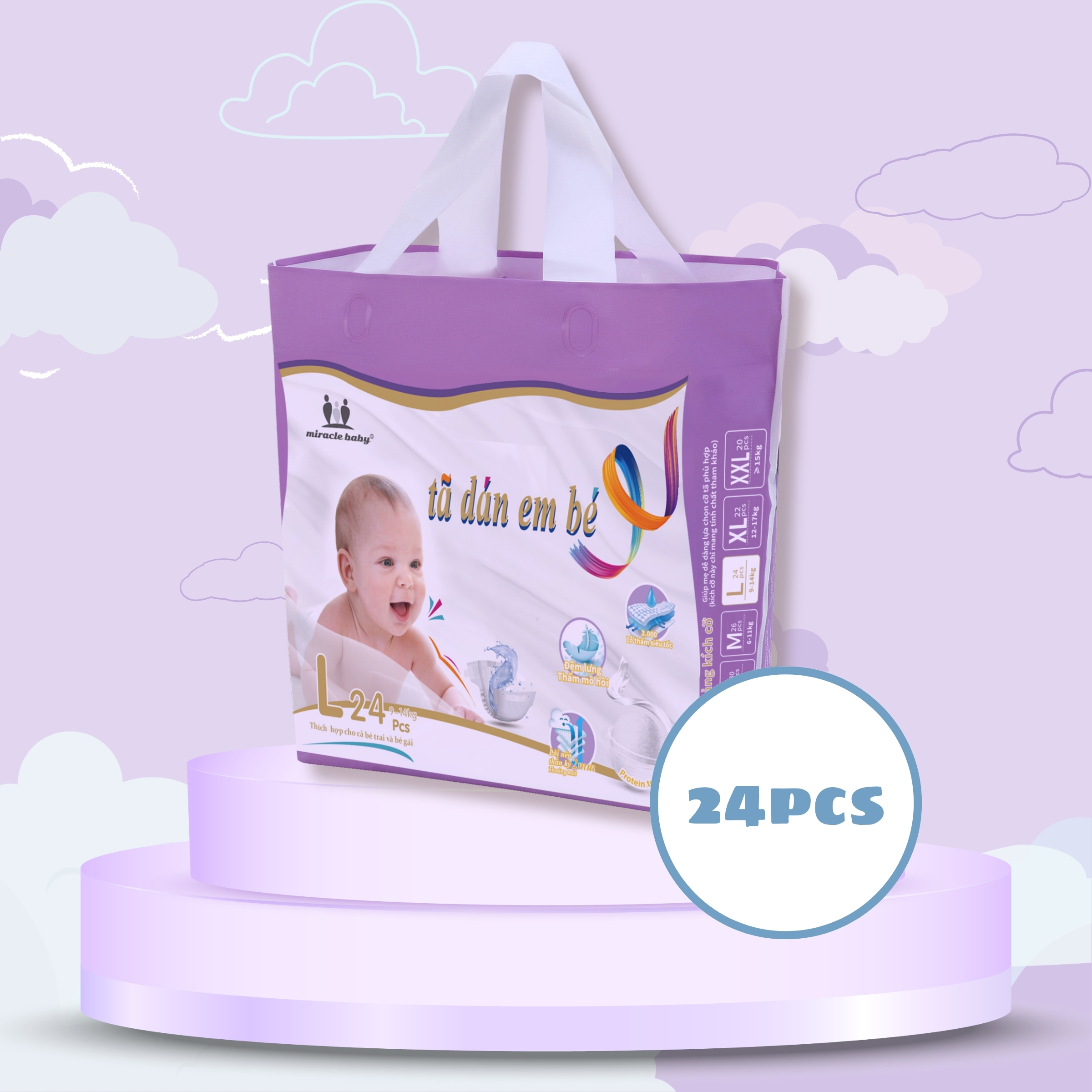 MiracleBaby - Tã dán tơ tằm size S/M/L/XL/XXL cho bé từ 4 - 17kg