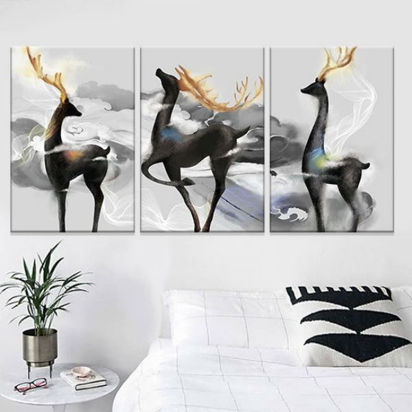 Bộ 3 Tranh Ép Gỗ MDF Trang Trí Về Hươu W293