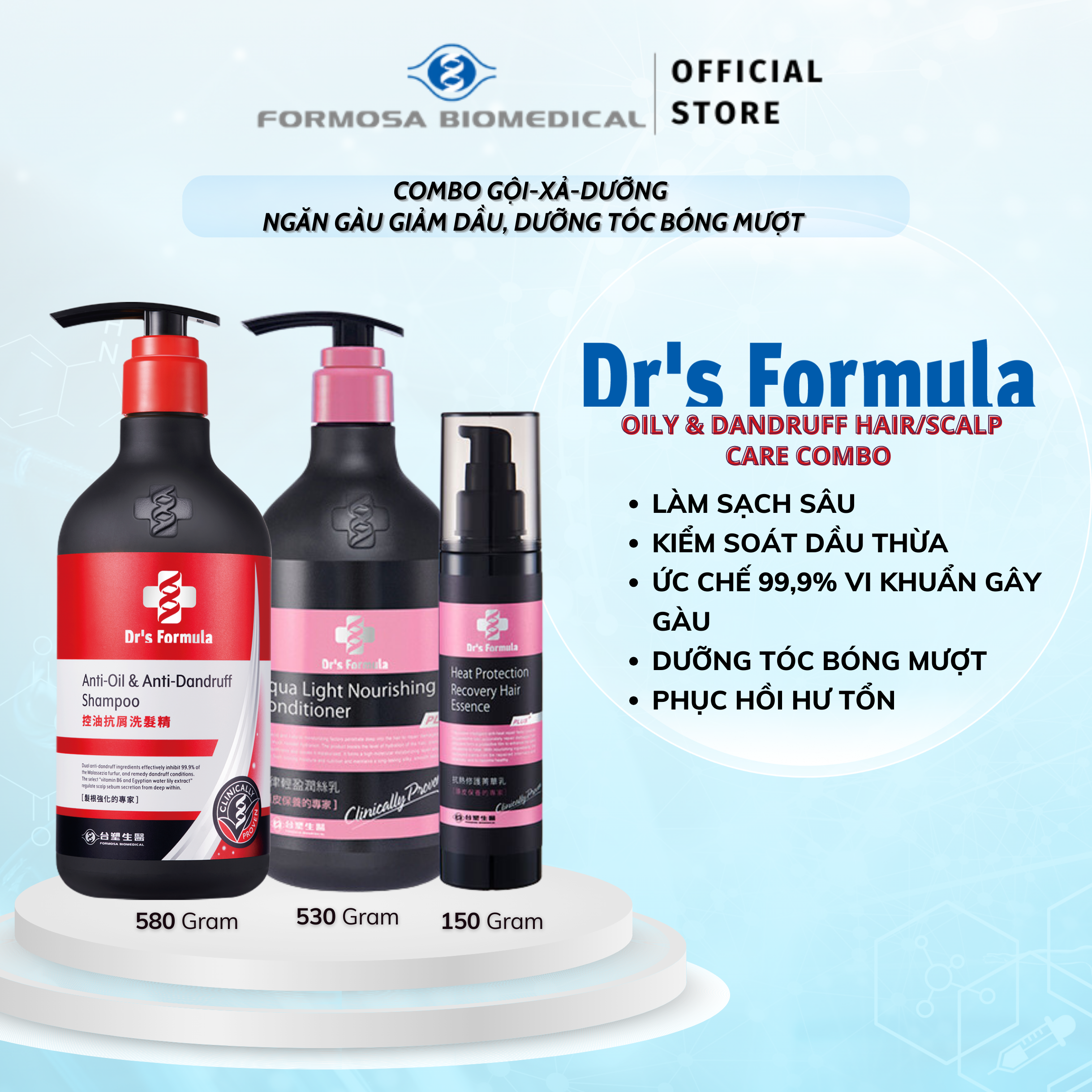 Combo Gội-Xả-Dưỡng Ngăn gàu giảm dầu dưỡng tóc bóng mượt Dr's Formula