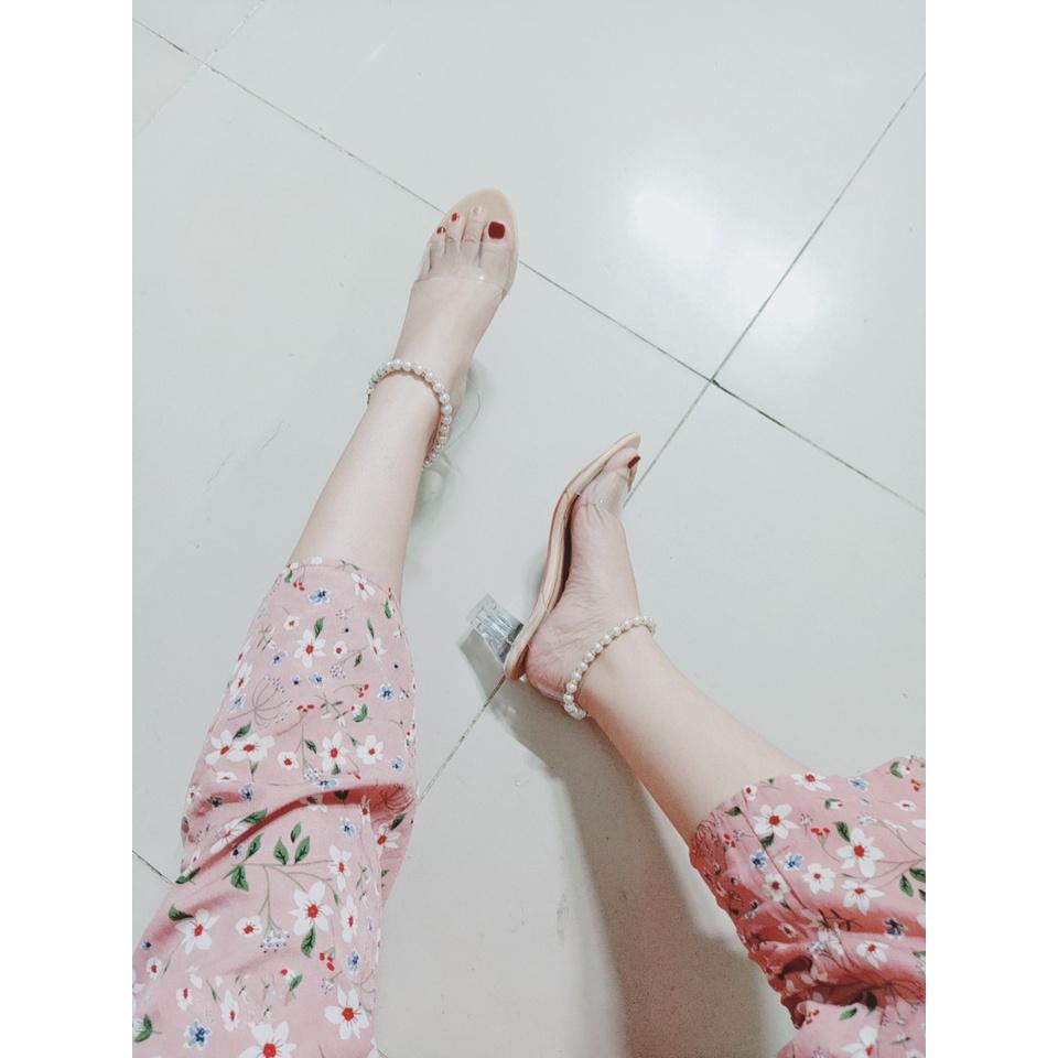 Giày cao gót đế trong suốt vòng chuỗi hạt cao 5 phân