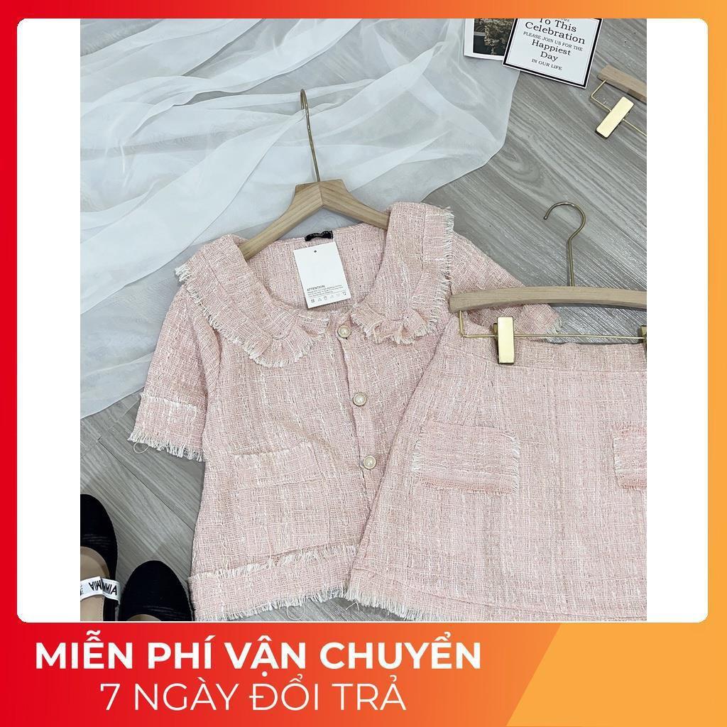 Set váy áo dạ nhũ hông chân váy ngắn