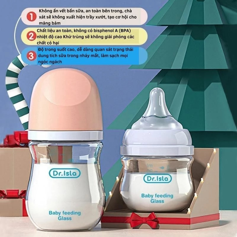 Dr.Isla Bình Sữa Thủy Tinh Cho Bé Sơ Sinh Không BPA Chịu Nhiệt Tốt 90ml/160ml GB01/GB02