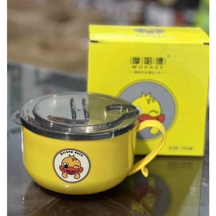 Ca ăn mì có nắp đậy vịt vàng 2 lớp 15cm có nắp đậy đa năng hỗ trợ giữ nhiệt tốt - Ca úp mì vịt vàng chất liệu inox có nắp kín giữ nhiệt lâu