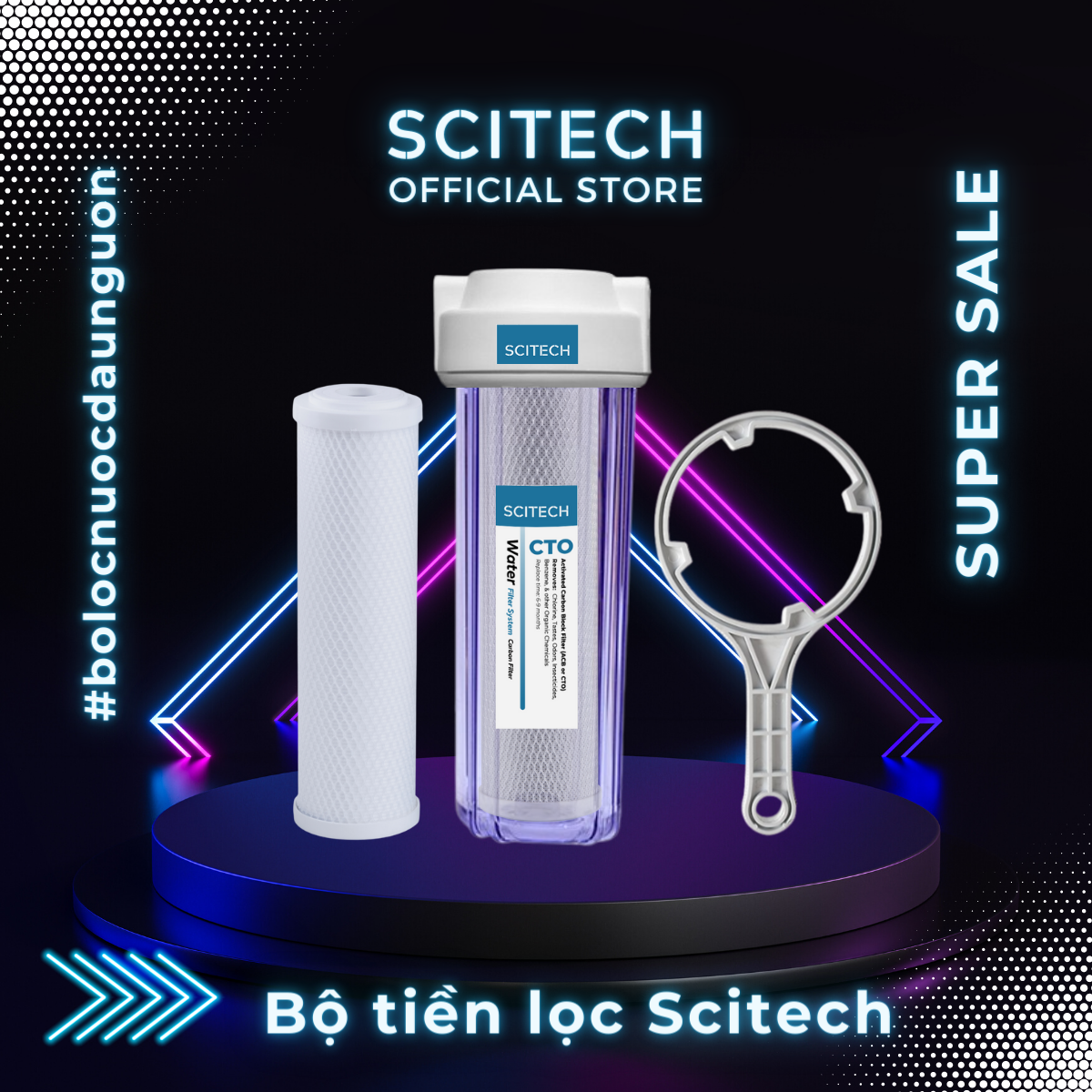 Bộ lọc nước sinh hoạt, bộ đơn lọc thô 10 inch by Scitech 1 cấp lọc – Hàng chính hãng – Ren 21 – Lõi CTO – Trong