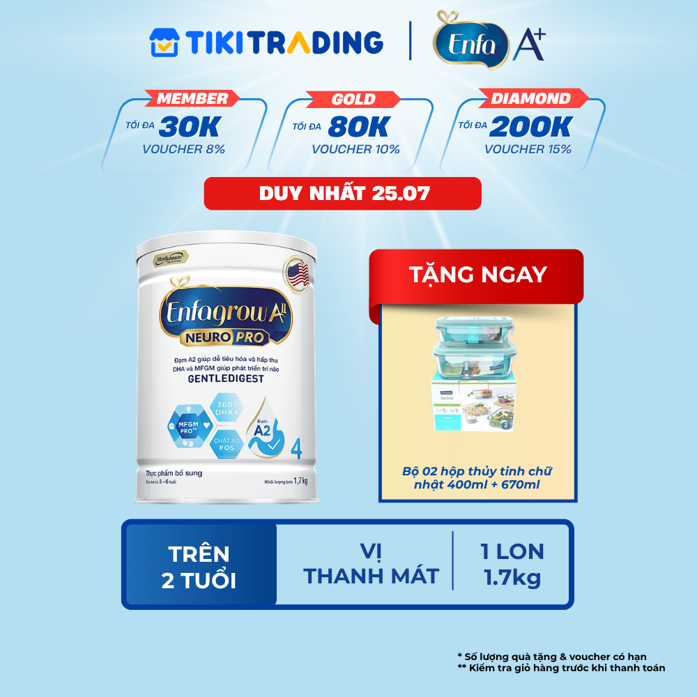 Sữa bột Enfagrow A2 Neuropro 4 1.7kg giup dê tiêu hoa, hâp thu dành cho trẻ 3-6 tuổi
