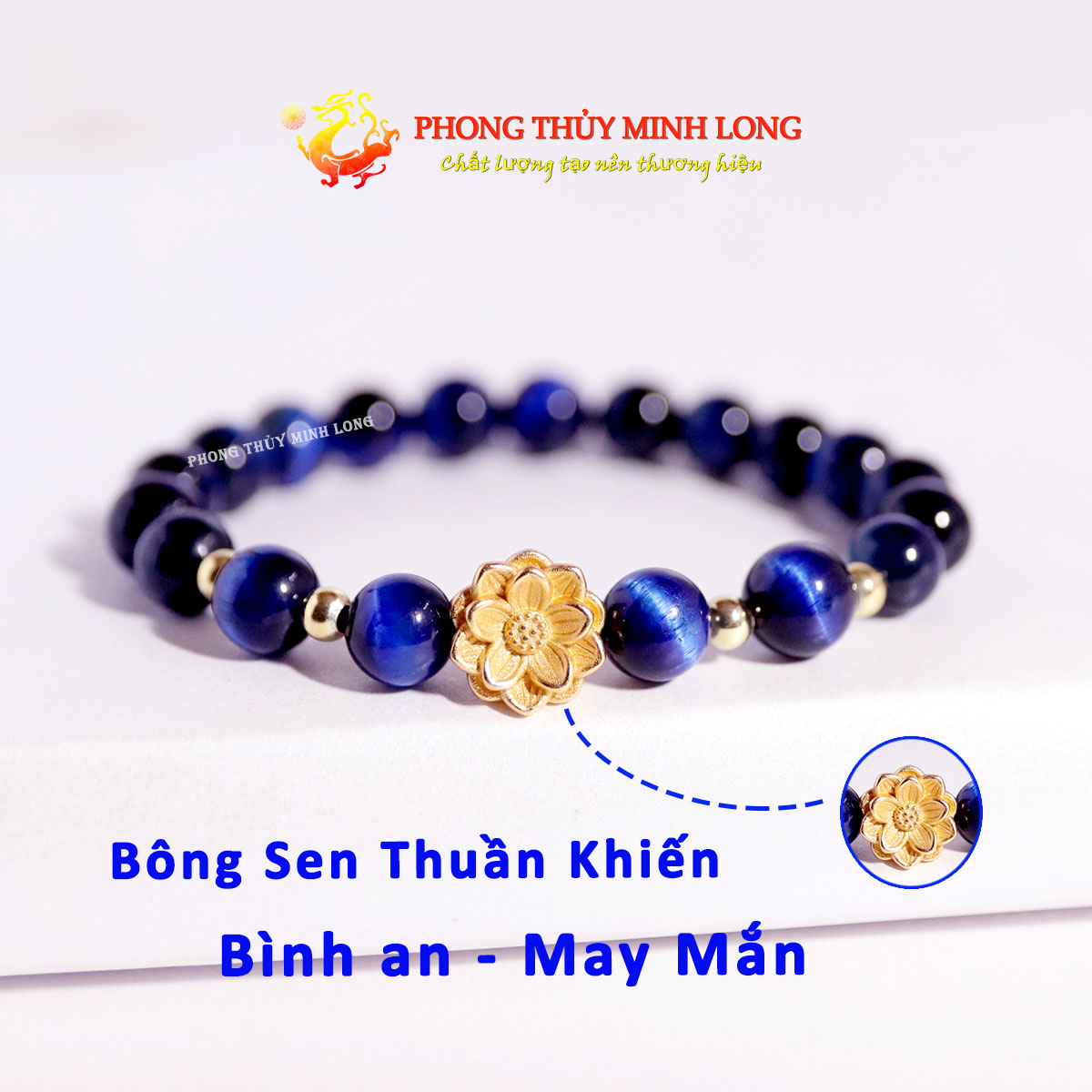 Vòng tay đá mắt hổ xanh dương đen mix bông sen vàng