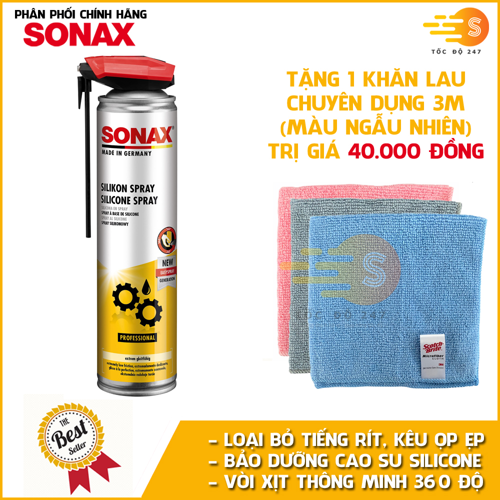 Chai xịt bôi trơn và bảo dưỡng cao su silicone Sonax 348300 400ml - tặng 1 khăn 3M màu ngẫu nhiên - Vòi xịt thông minh 360 độ, loại bỏ tiếng kêu ọp ẹp, không chứa dầu hoặc mỡ khoáng