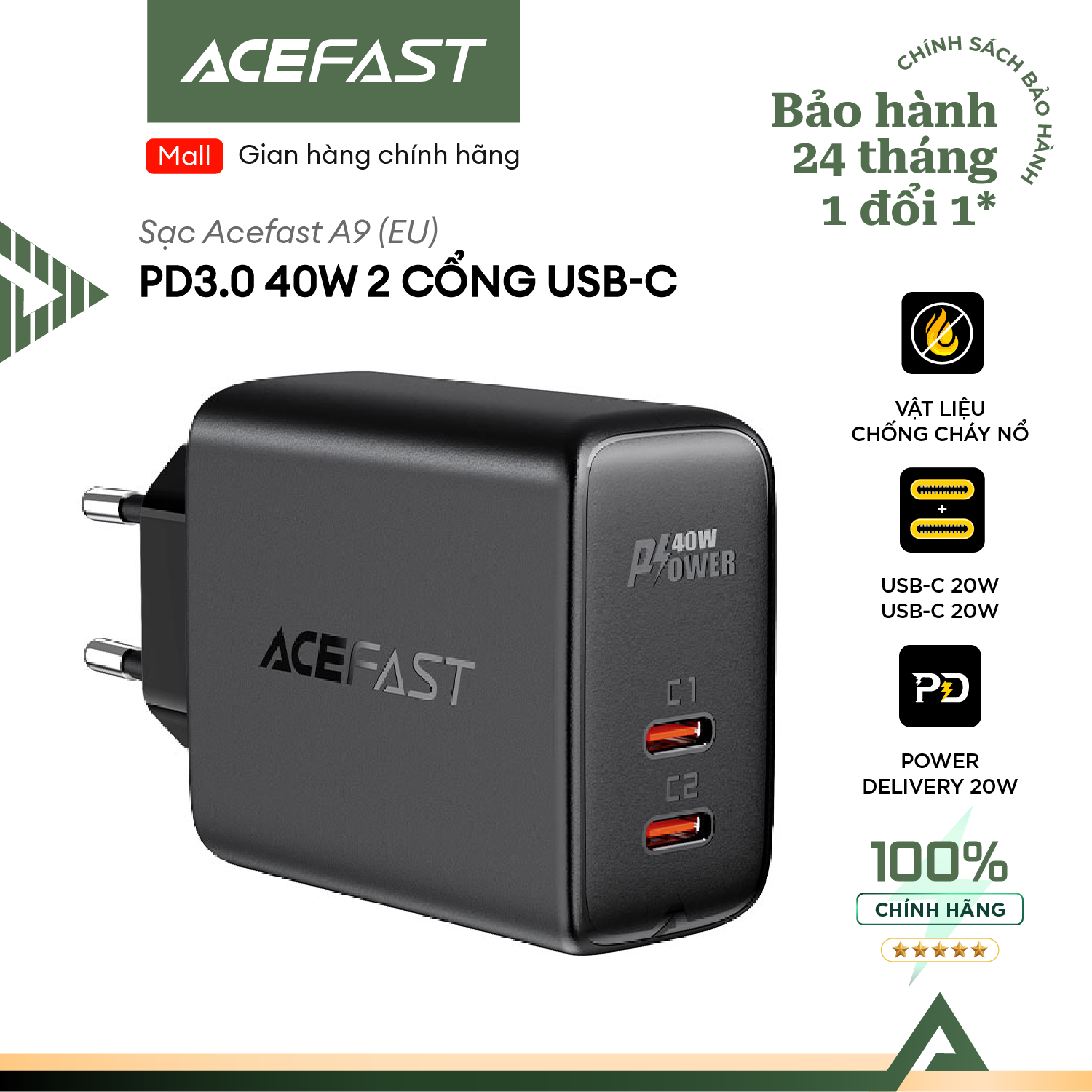 Sạc Acefast PD3.0 40W 2 cổng USB-C (EU) - A9 Hàng chính hãng Acefast