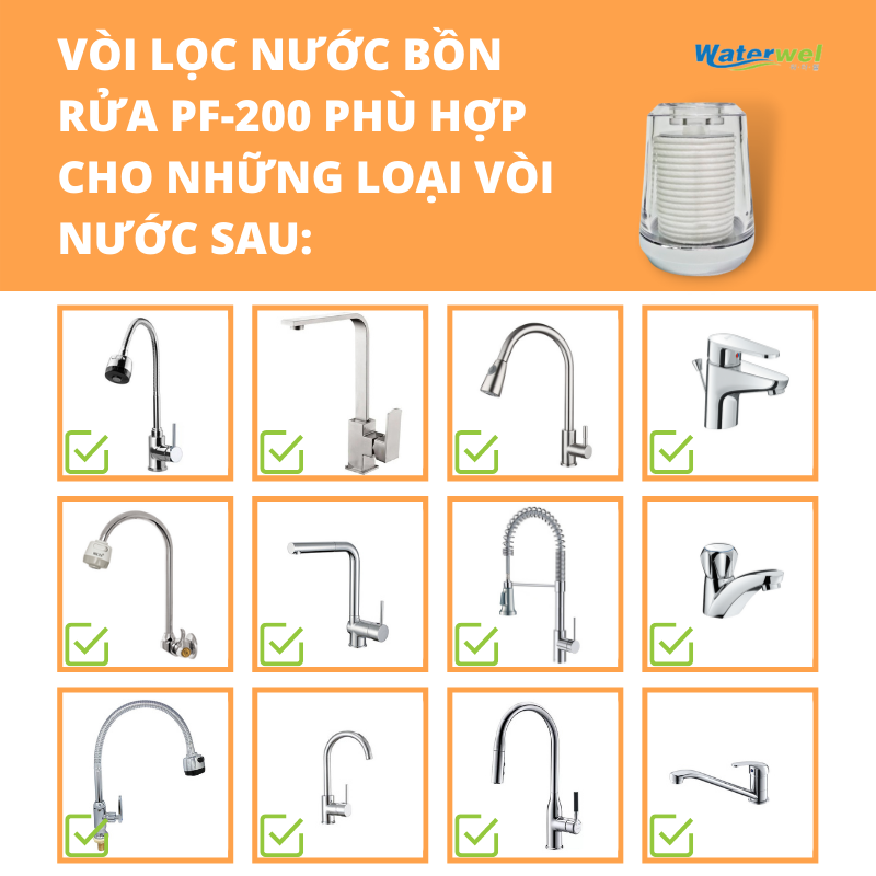 Vòi lọc nước Waterwel PF-200 Hàn Quốc dùng cho bồn rửa chén, bồn rửa mặt - Loại bỏ tạp chất, vi khuẩn, clo dư, rỉ sét - Đã bao gồm 3 lõi lọc - Tăng áp lực nước - Hàng nhập khẩu