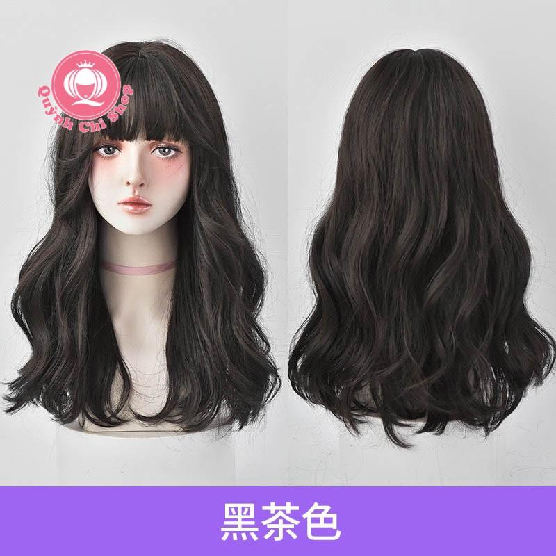 Tóc giả nguyên đầu CAO CẤP, tóc giả gợn sóng dài chạm vai có mái thưa phong cách Hàn Quốc – tặng lưới tóc
