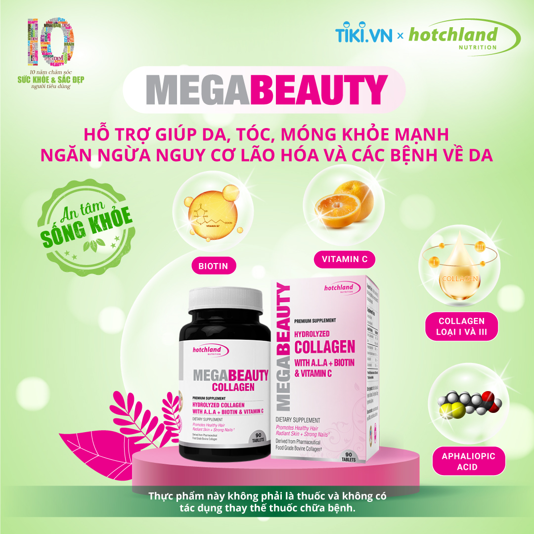 Viên uống Collagen giúp da trắng sáng tự nhiên MegaBeauty - Hàng chính hãng Hotchland Nutrition Việt Nam [Hộp 90 Viên] - HL4653