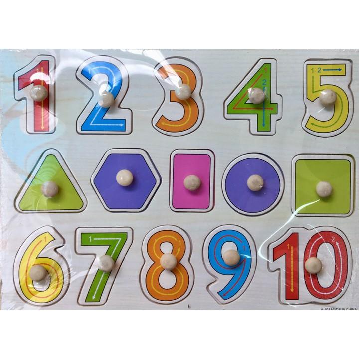 Đồ chơi bảng ghép gỗ núm cầm chủ đề 10 số kèm hình - Bảng số 01 số và hình khối