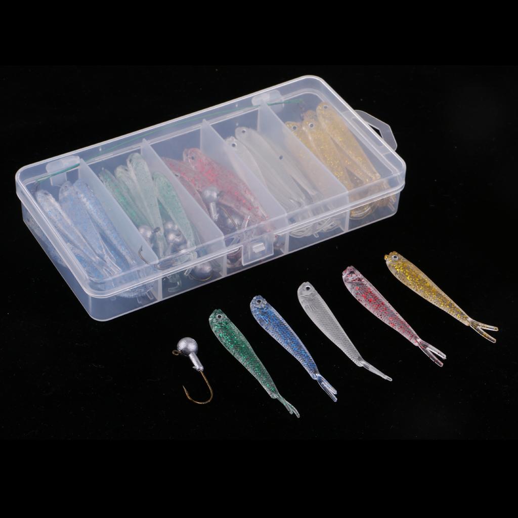 50pcs Soft Plastic Bass Fishing Lure Bait with Jig Head Worm Hooks Lure Box