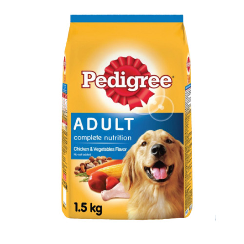 Combo thức ăn cho chó Pedigree 1,5kg vị gà và các loại rau củ + sốt chó lớn Pedigree 80g vị gà,gan và rau