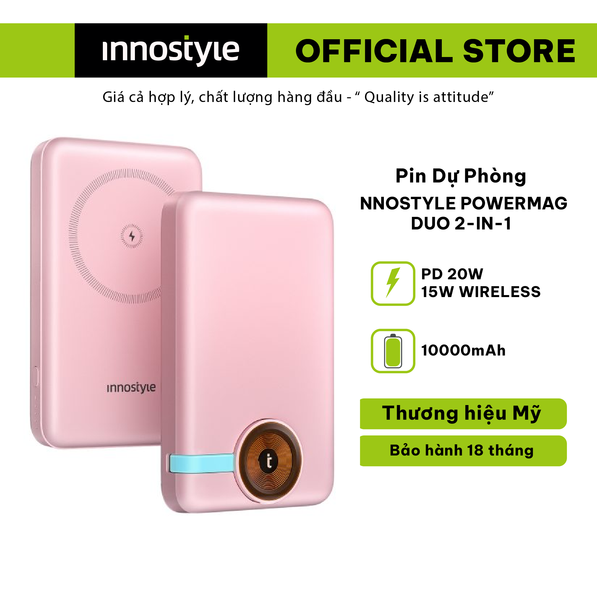 Pin Sạc Dự Phòng Không Dây Innostyle Powermag Duo 2in1 10000mAh - Thiết kế nhỏ gọn, sạc không dây, hàng chính hãng