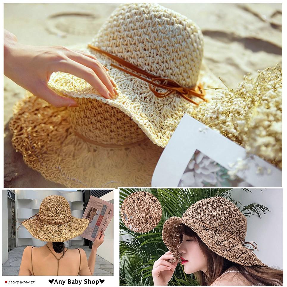 Combo Mũ cói đi chơi, đi biển thắt nơ cho mẹ và bé 3 màu - gấp gọn được