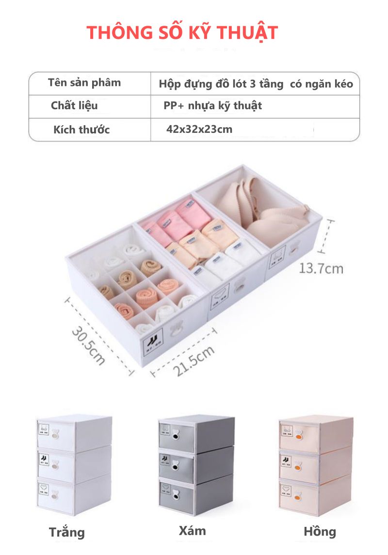 Hộp lưu trữ 3 tầng đựng đồ lót, tất... kích thước 42x32x23cm - màu sắc giao ngẫu nhiên