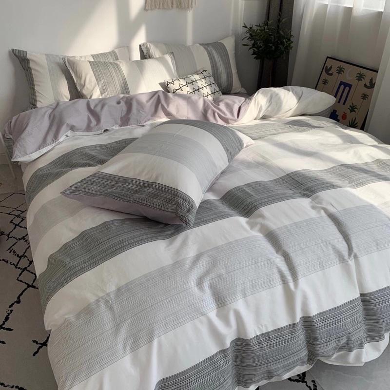 Set Cotton Living Hàng Nhập Khẩu Cao Cấp 4 Món Kẻ Trắng
