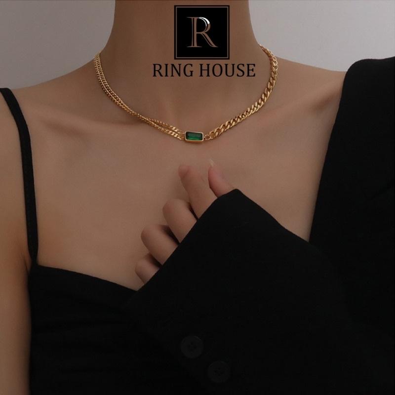 Dây Chuyền Vòng Cổ Nữ Titan Không Gỉ Đá Xanh Sang Trọng Ring House Mệnh Mộc