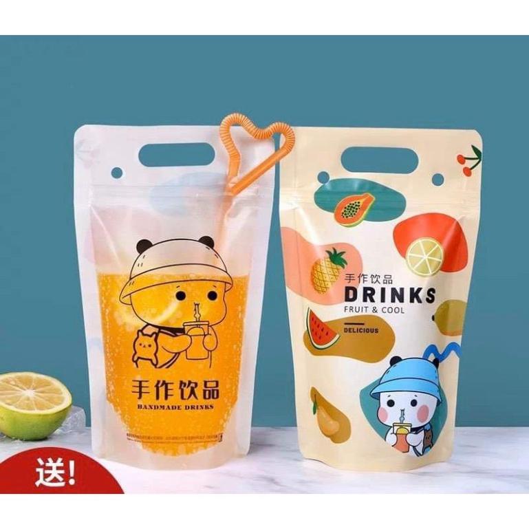 Combo 10 Túi Zip Đựng Trà Sữa/Đồ Uống Siêu Cute Tặng Kèm Ống Hút