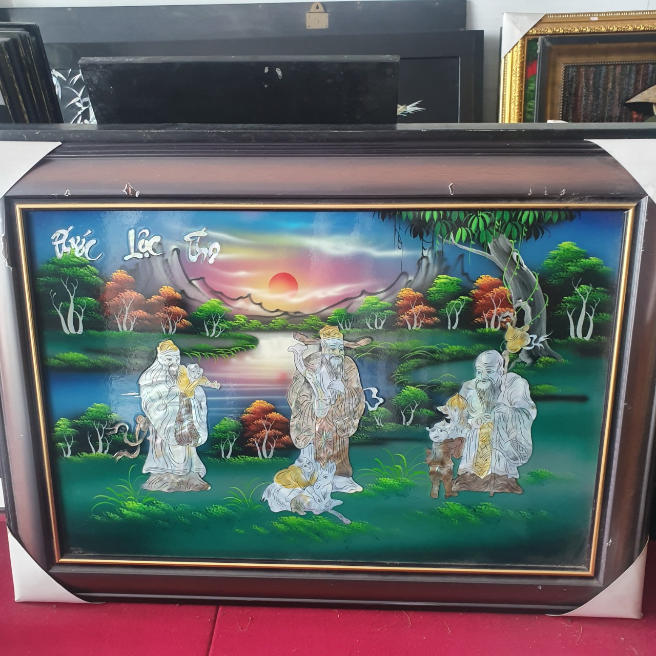 Tranh sơn mài Phúc Lộc Thọ cẩn ốc hàng xuất khẩu 40x60 cm trang trí nhà cửa, quà tặng tân gia, chúc Thọ ý nghĩa