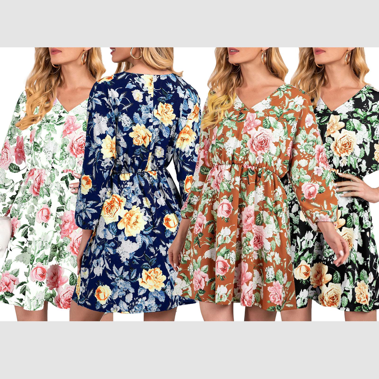 Fashion Women Floral Print Dress V Neck Long Sleeve Batwing Sleeve High Waist Mini Dress