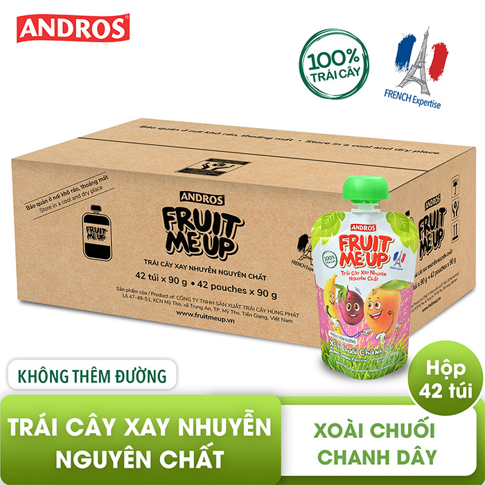 Trái Cây Xay Nhuyễn Nguyên Chất Andros Fruit Me Up - Xoài Chuối Chanh dây - Thùng 42 túi - 90g x 42